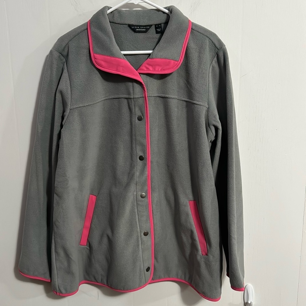 Susan Graver Weekend soft jacket with snaps Sz XL NWOT gray w/pink edges